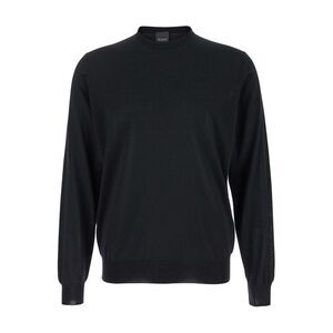Plain Men Black Crewneck Sweater With Ribbed Trims In Wool Man